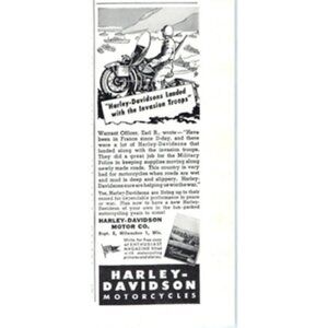 1945 Print Ad Harley Davidson Motorcycles Landed With The Invasion Troops!